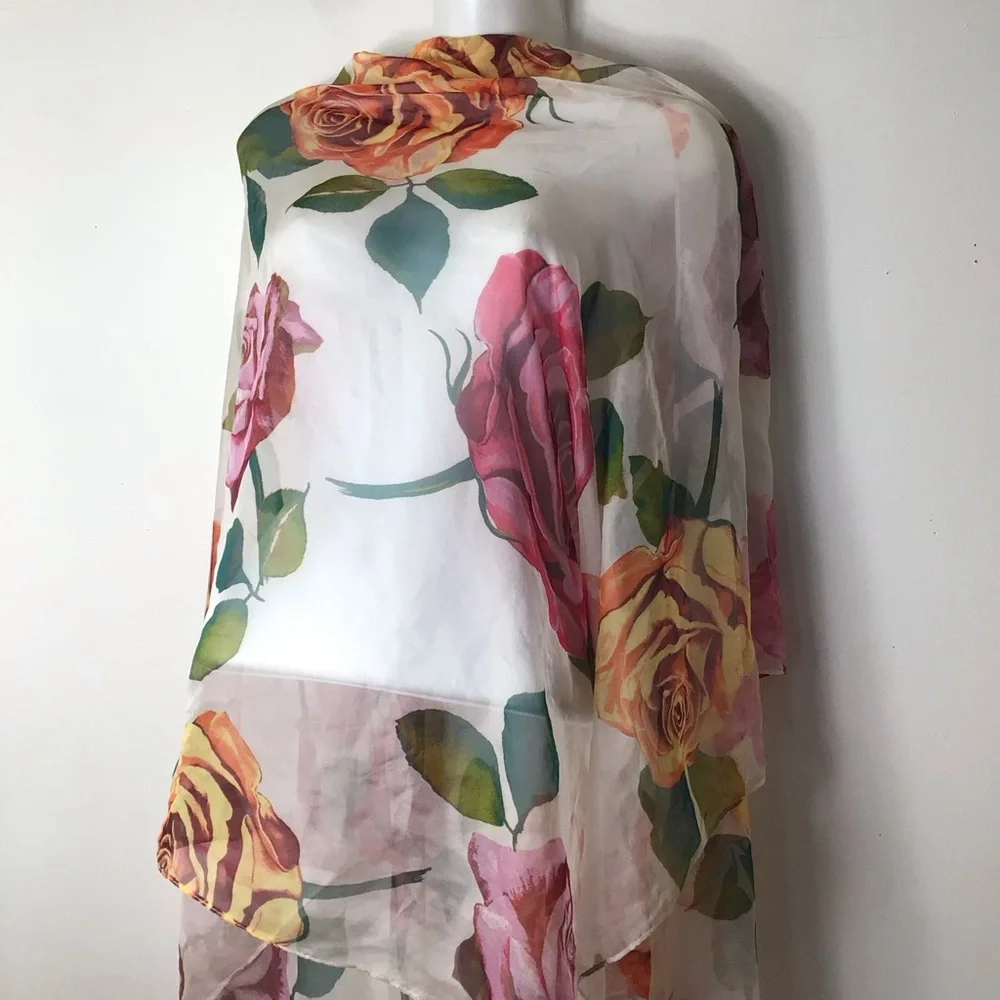 Sheer Floral Rose Scarf Wrap in White with Pink & Yellow Roses - Picture 4 of 4